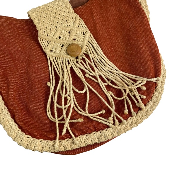 Vintage Boho Hippy Hemp Braided Hemp Wooden Button Flap Close Bag Purse Sack 70s - Picture 2 of 16